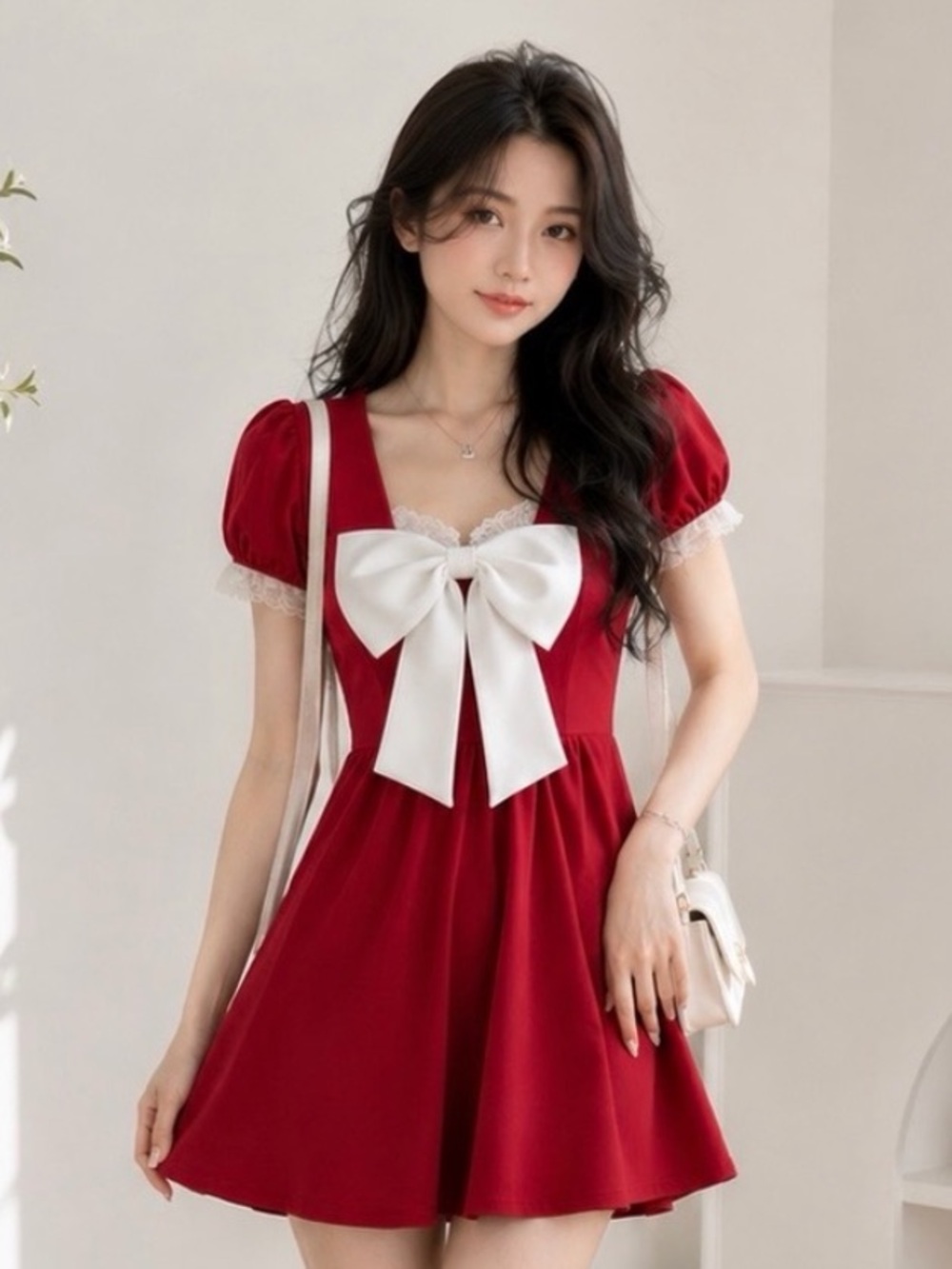 Red Sailor Collar Mini Dress • White Tie Neck • Puff Sleeve • Fit & Flare • EUC
